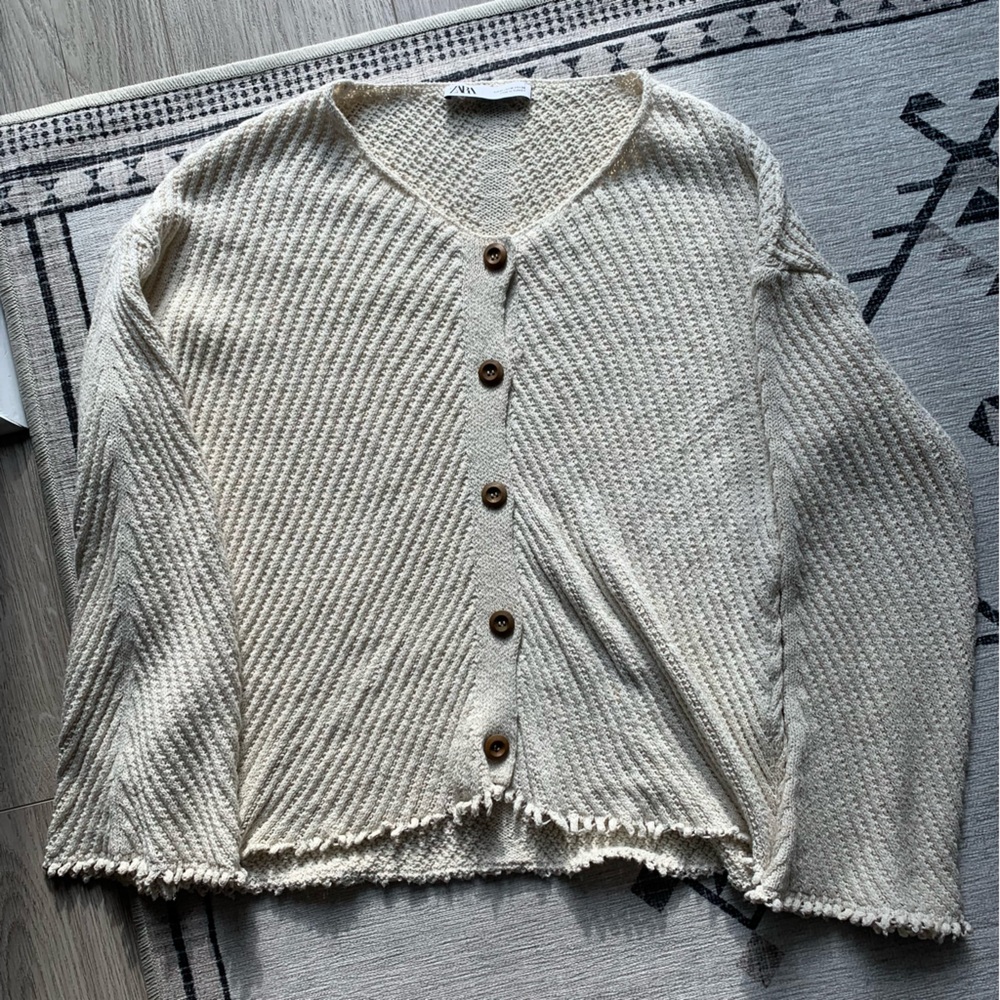 Zara Cream Cotton Fringe Trim Cardigan